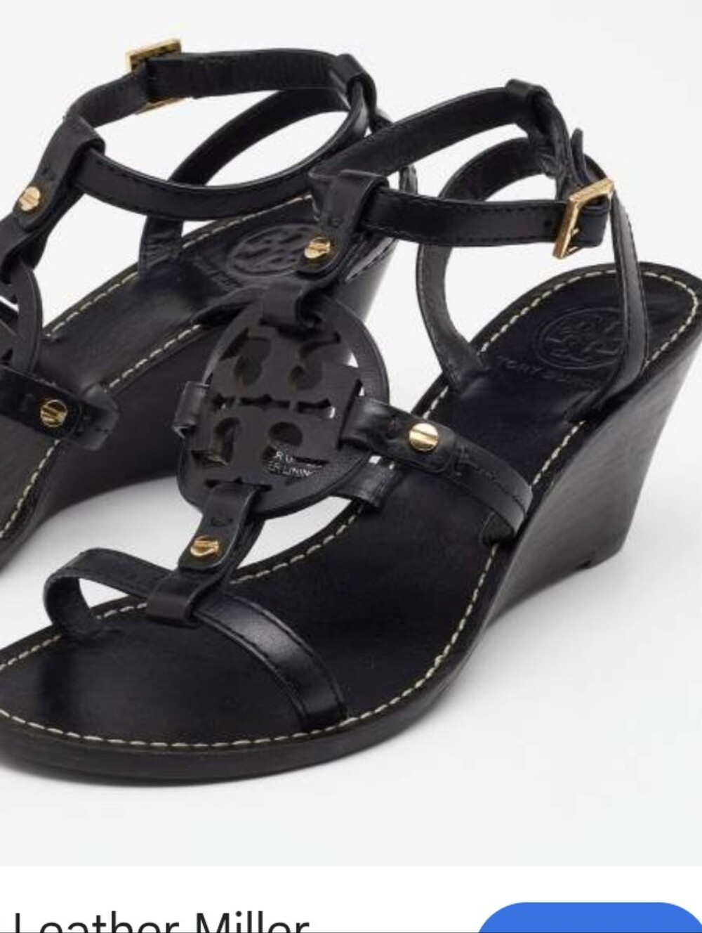 Tory Burch Black Leather Miller Logo Wedge Ankle Strap Sandals Size 8